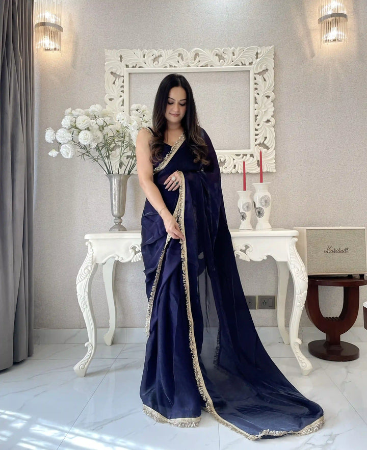 Glamorous Satin Saree with Sequins Embroidery & Lace Border