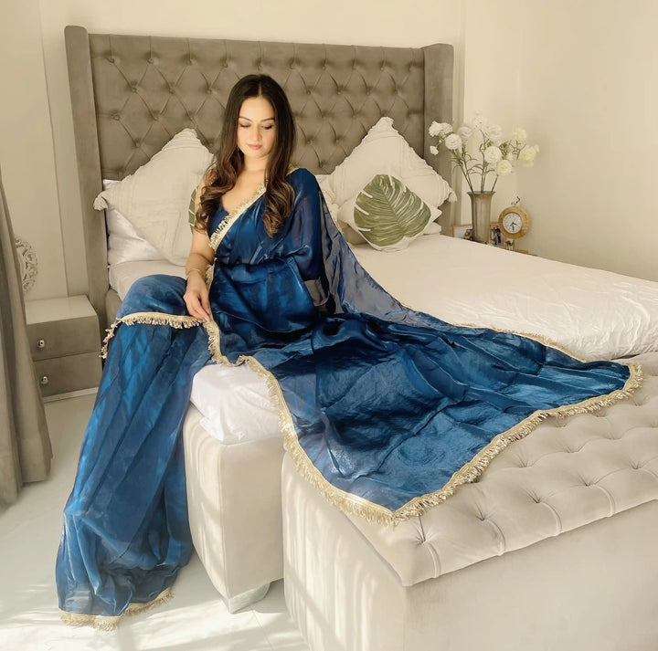 Glamorous Satin Saree with Sequins Embroidery & Lace Border