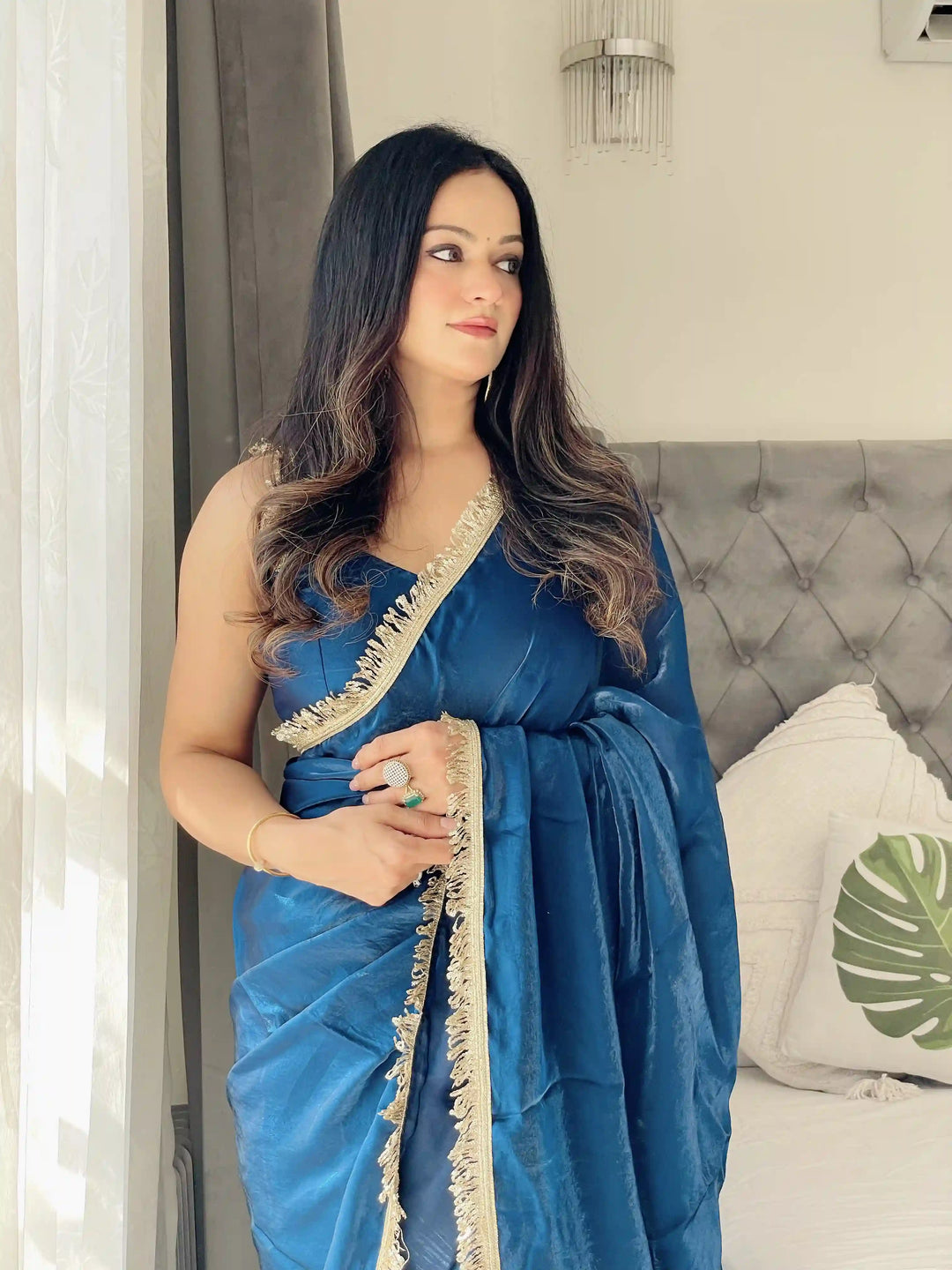 Glamorous Satin Saree with Sequins Embroidery & Lace Border