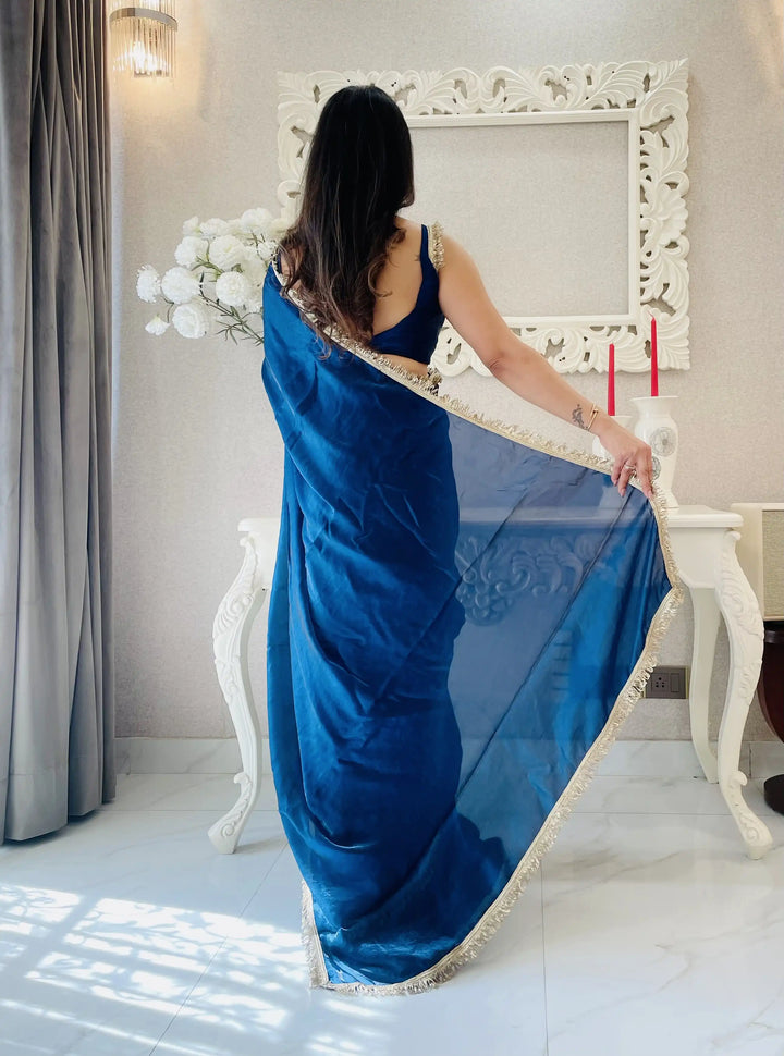 Glamorous Satin Saree with Sequins Embroidery & Lace Border