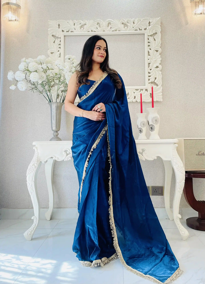 Glamorous Satin Saree with Sequins Embroidery & Lace Border