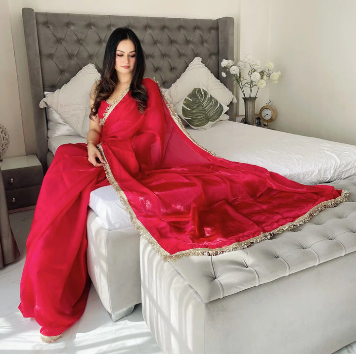 Glamorous Satin Saree with Sequins Embroidery & Lace Border
