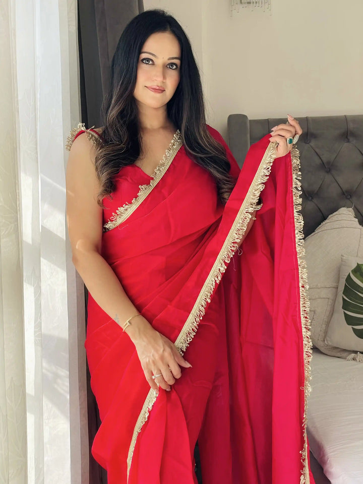 Glamorous Satin Saree with Sequins Embroidery & Lace Border