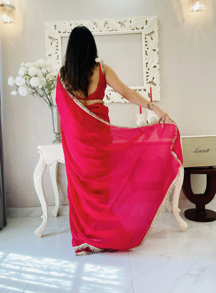 Glamorous Satin Saree with Sequins Embroidery & Lace Border