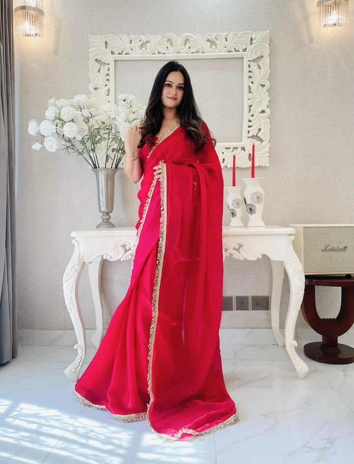Glamorous Satin Saree with Sequins Embroidery & Lace Border