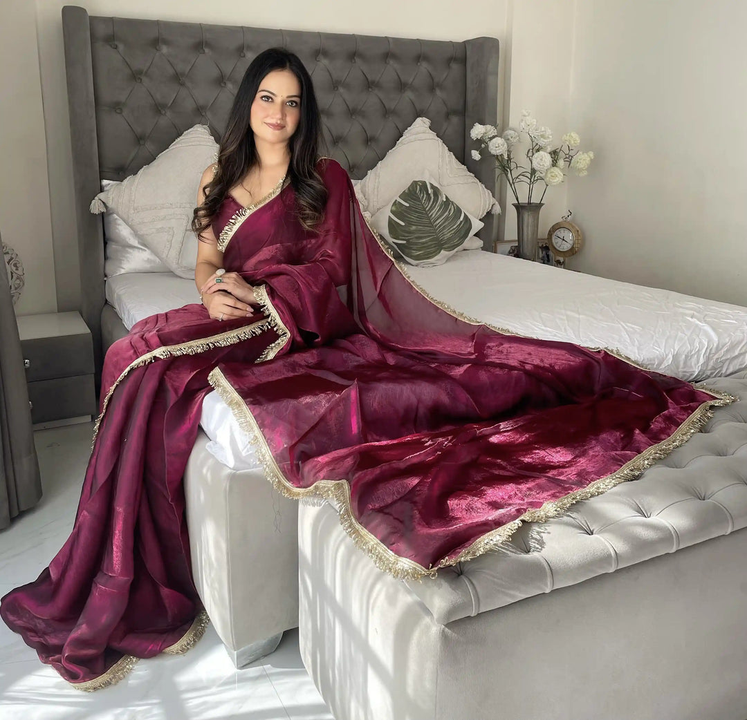 Glamorous Satin Saree with Sequins Embroidery & Lace Border
