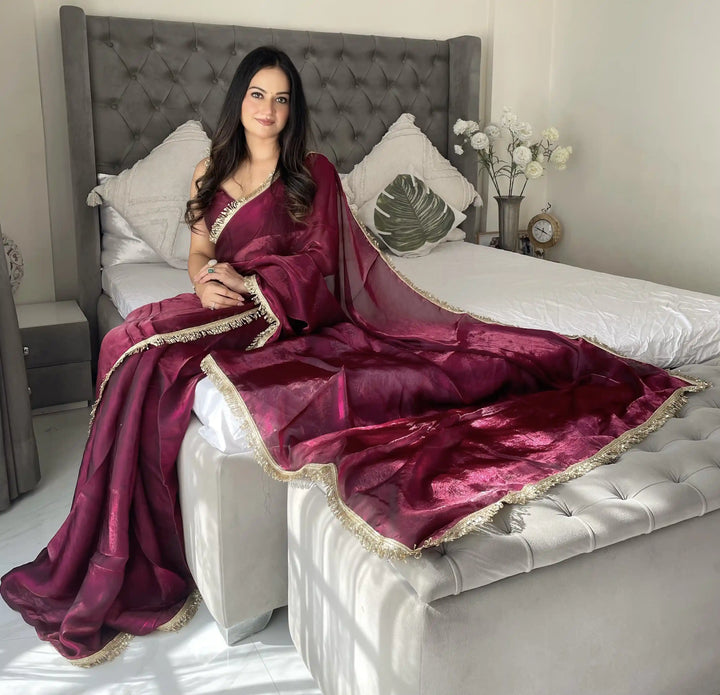 Glamorous Satin Saree with Sequins Embroidery & Lace Border