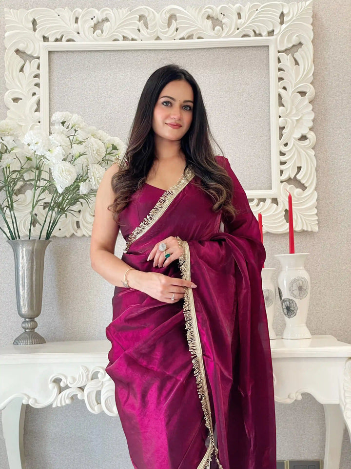 Glamorous Satin Saree with Sequins Embroidery & Lace Border