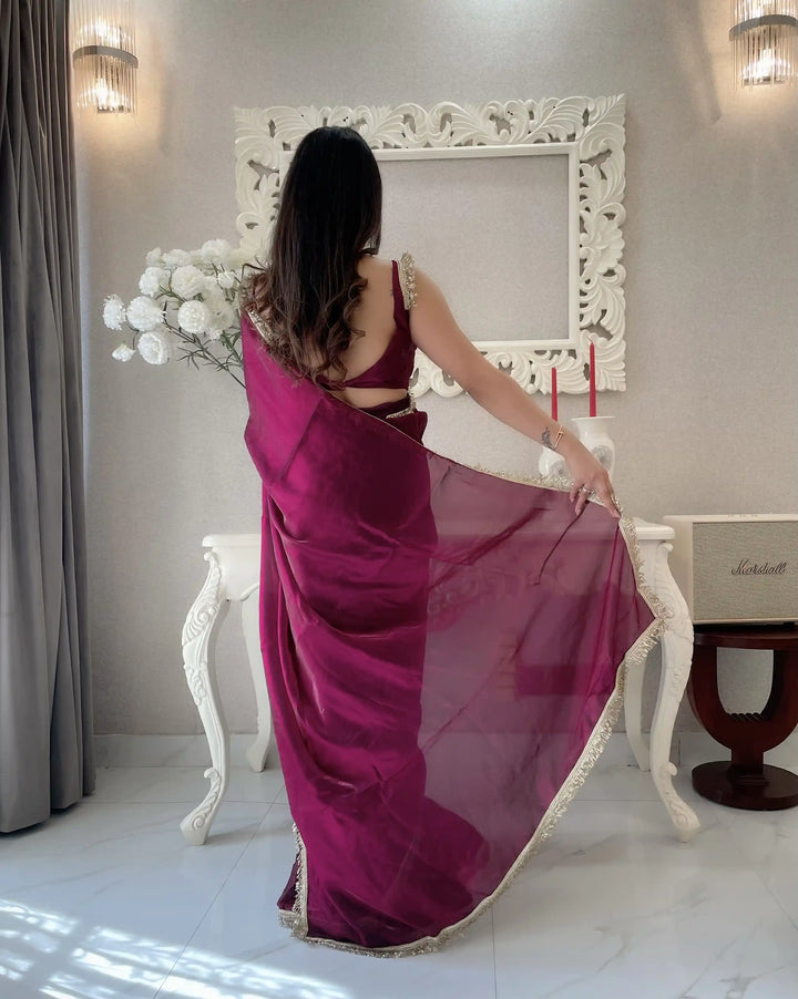 Glamorous Satin Saree with Sequins Embroidery & Lace Border