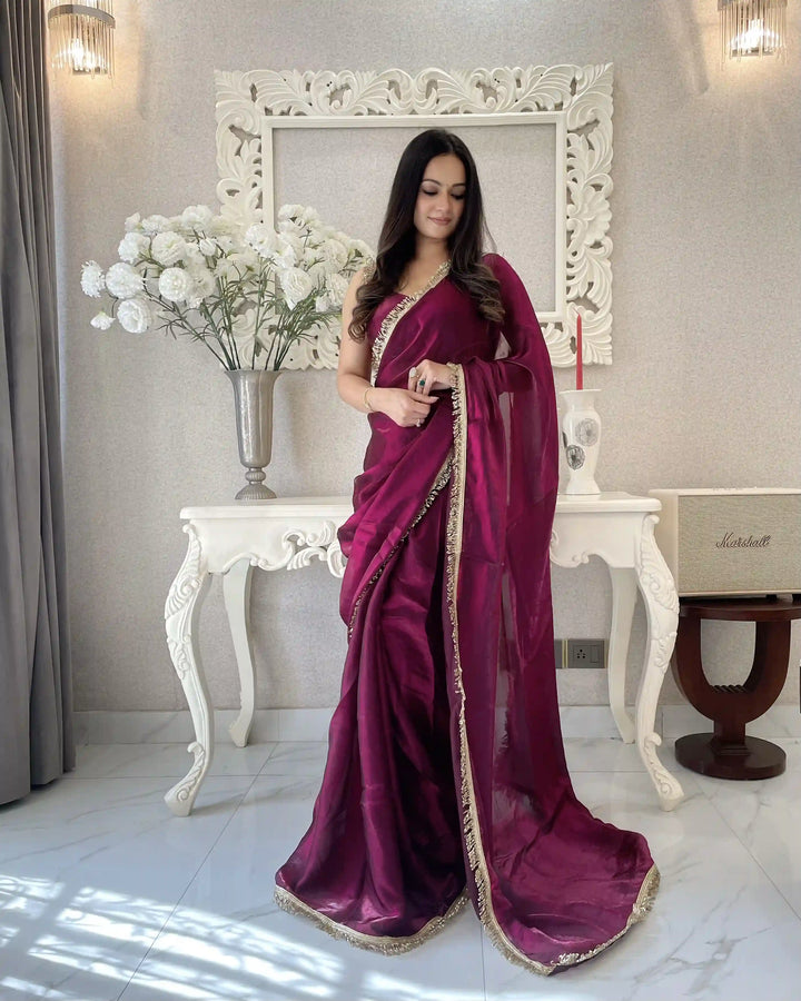 Glamorous Satin Saree with Sequins Embroidery & Lace Border