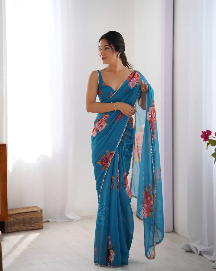 Chic Georgette Saree Featuring Moti Lace and Designer Work