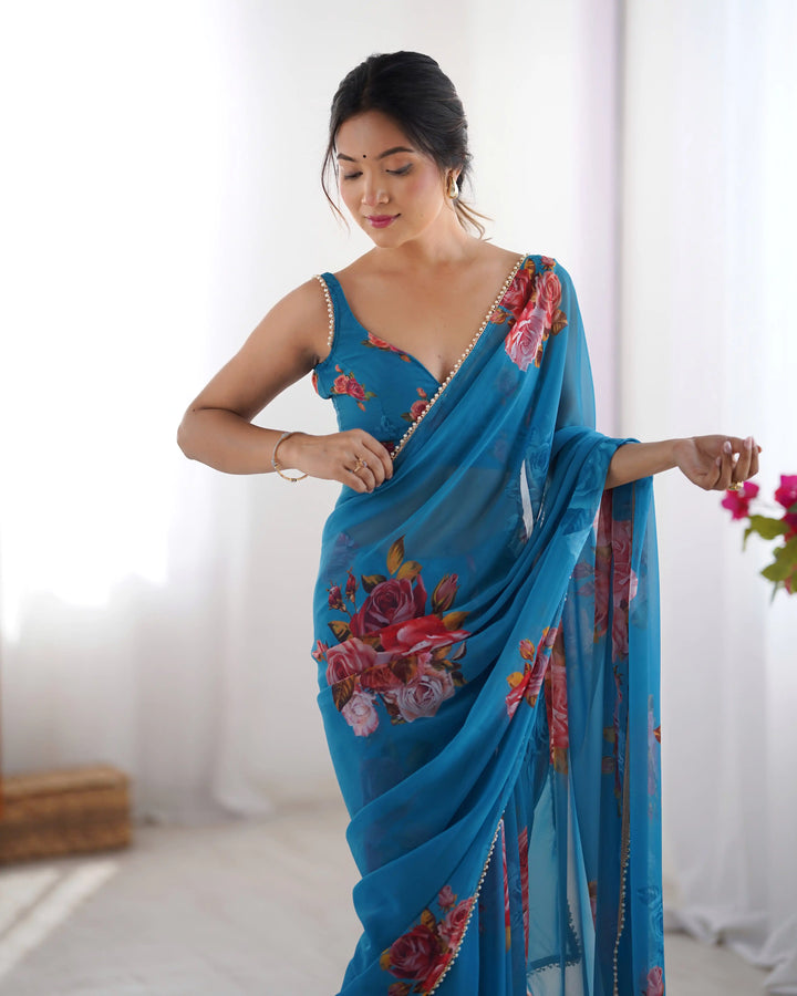 Chic Georgette Saree Featuring Moti Lace and Designer Work