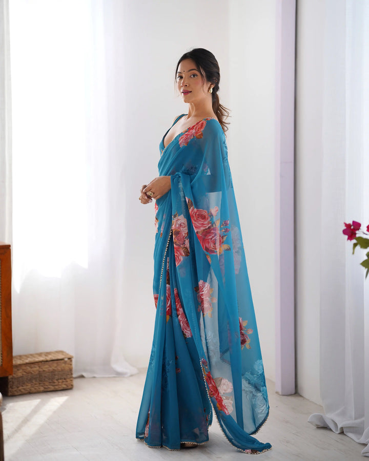 Chic Georgette Saree Featuring Moti Lace and Designer Work