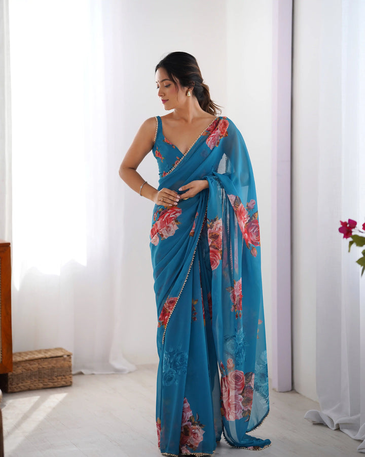 Chic Georgette Saree Featuring Moti Lace and Designer Work