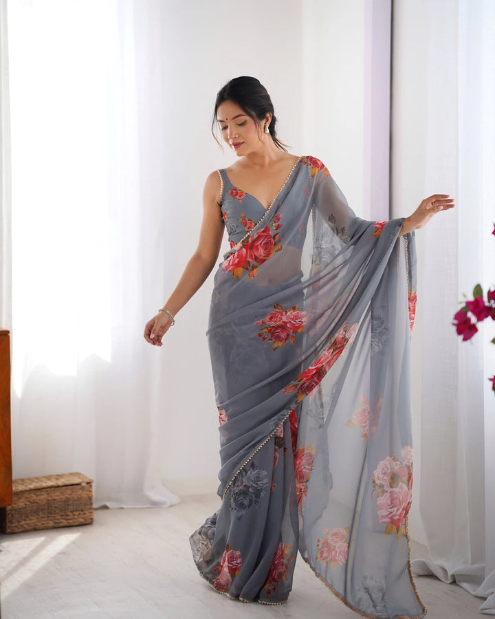 Chic Georgette Saree Featuring Moti Lace and Designer Work