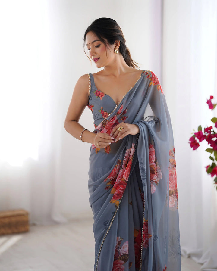 Chic Georgette Saree Featuring Moti Lace and Designer Work