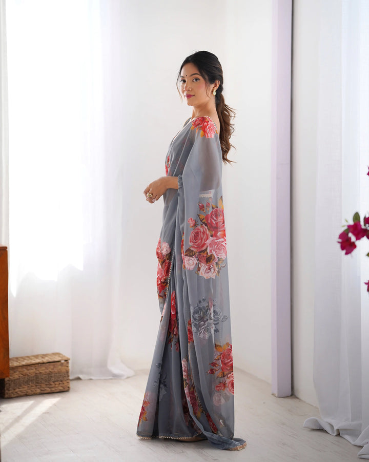 Chic Georgette Saree Featuring Moti Lace and Designer Work