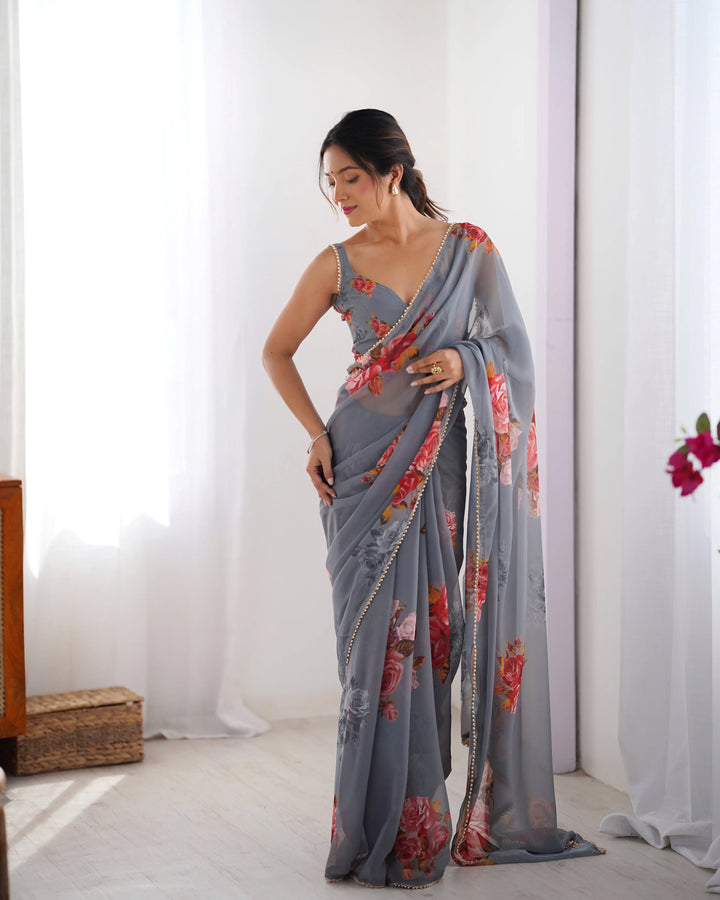 Chic Georgette Saree Featuring Moti Lace and Designer Work