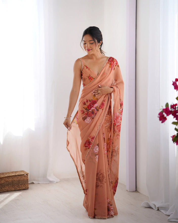 Chic Georgette Saree Featuring Moti Lace and Designer Work