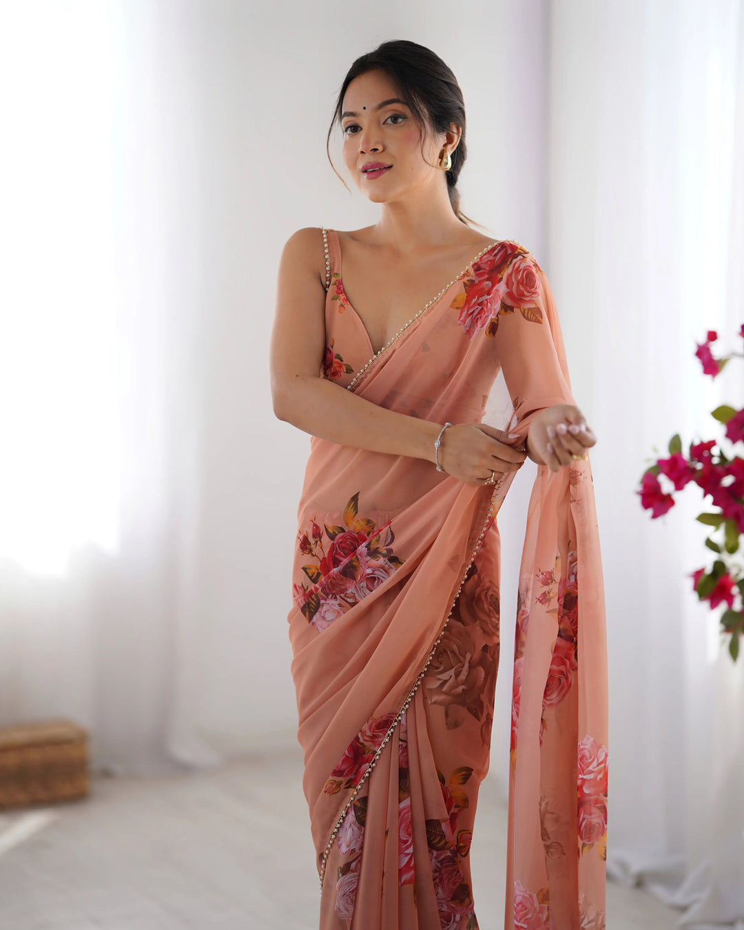 Chic Georgette Saree Featuring Moti Lace and Designer Work
