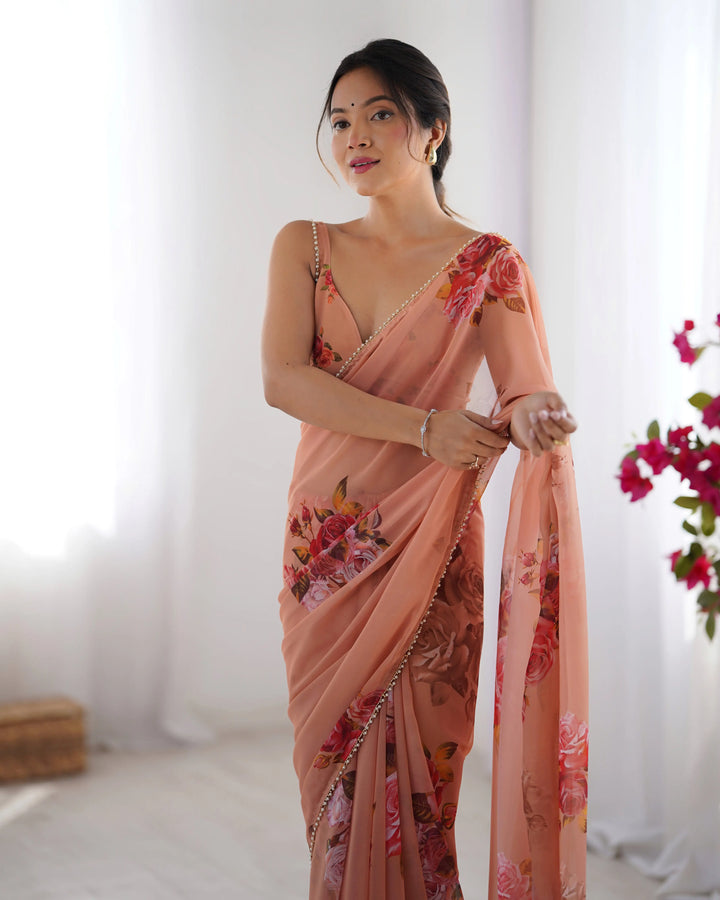 Chic Georgette Saree Featuring Moti Lace and Designer Work