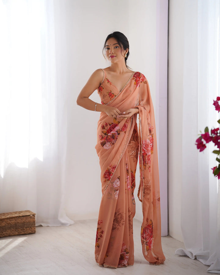 Chic Georgette Saree Featuring Moti Lace and Designer Work