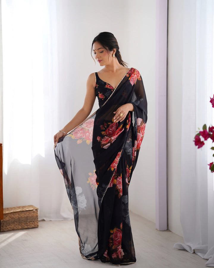 Chic Georgette Saree Featuring Moti Lace and Designer Work