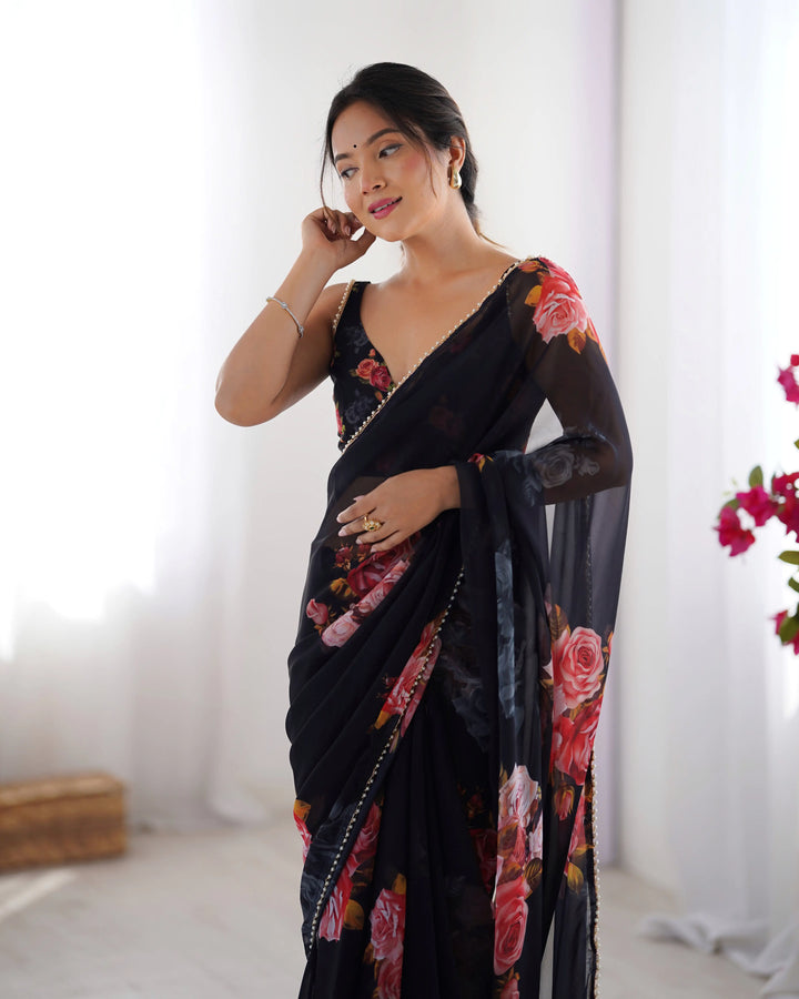 Chic Georgette Saree Featuring Moti Lace and Designer Work
