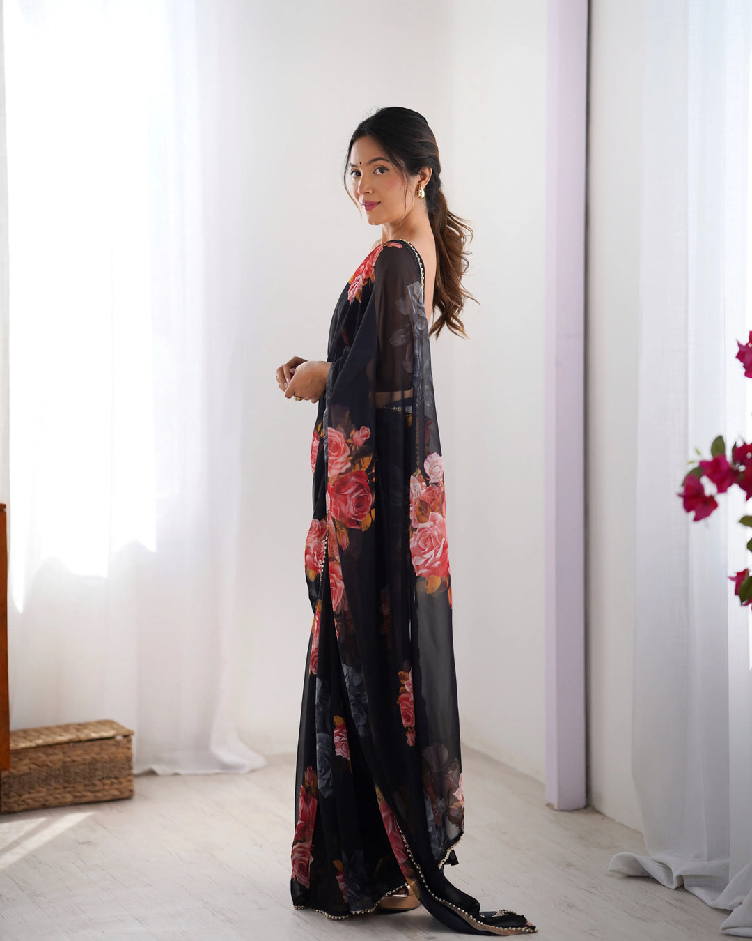 Chic Georgette Saree Featuring Moti Lace and Designer Work
