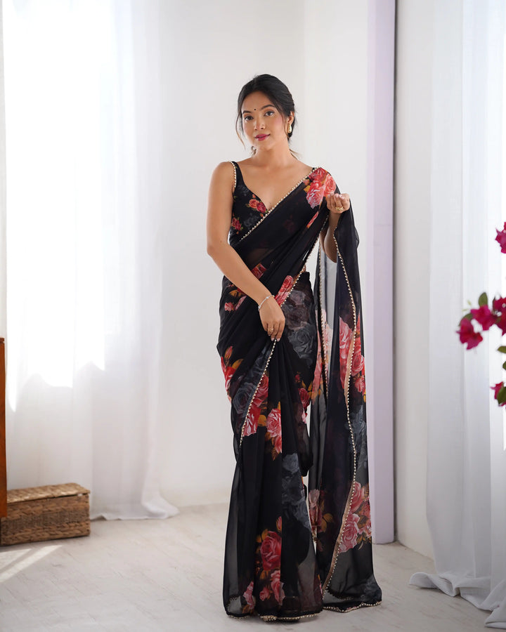 Chic Georgette Saree Featuring Moti Lace and Designer Work