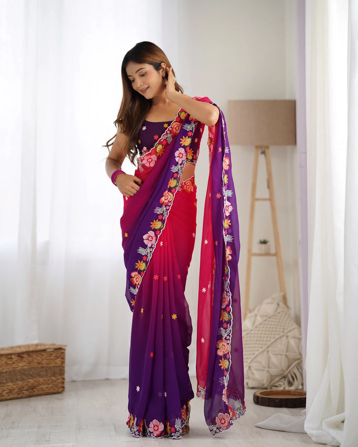 Ethnic Charm Georgette Saree with All Over Embroidered Detailing