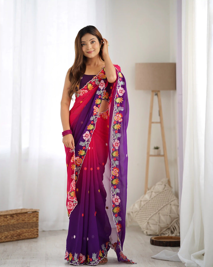 Ethnic Charm Georgette Saree with All Over Embroidered Detailing
