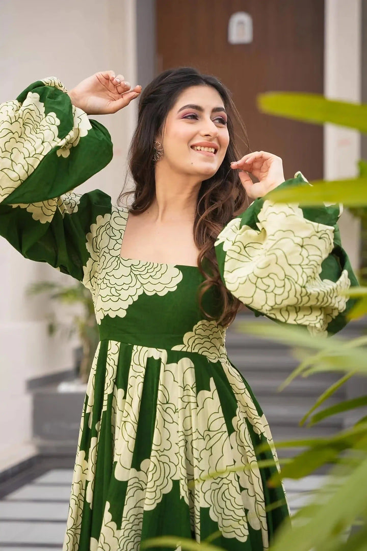 Stylish Green Gown in Soft Rayon Fabric – Perfect for Celebrations