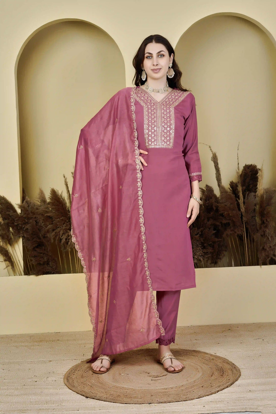 Stylish Dark Peach Embroidered Salwar Kameez Set for Party Wear