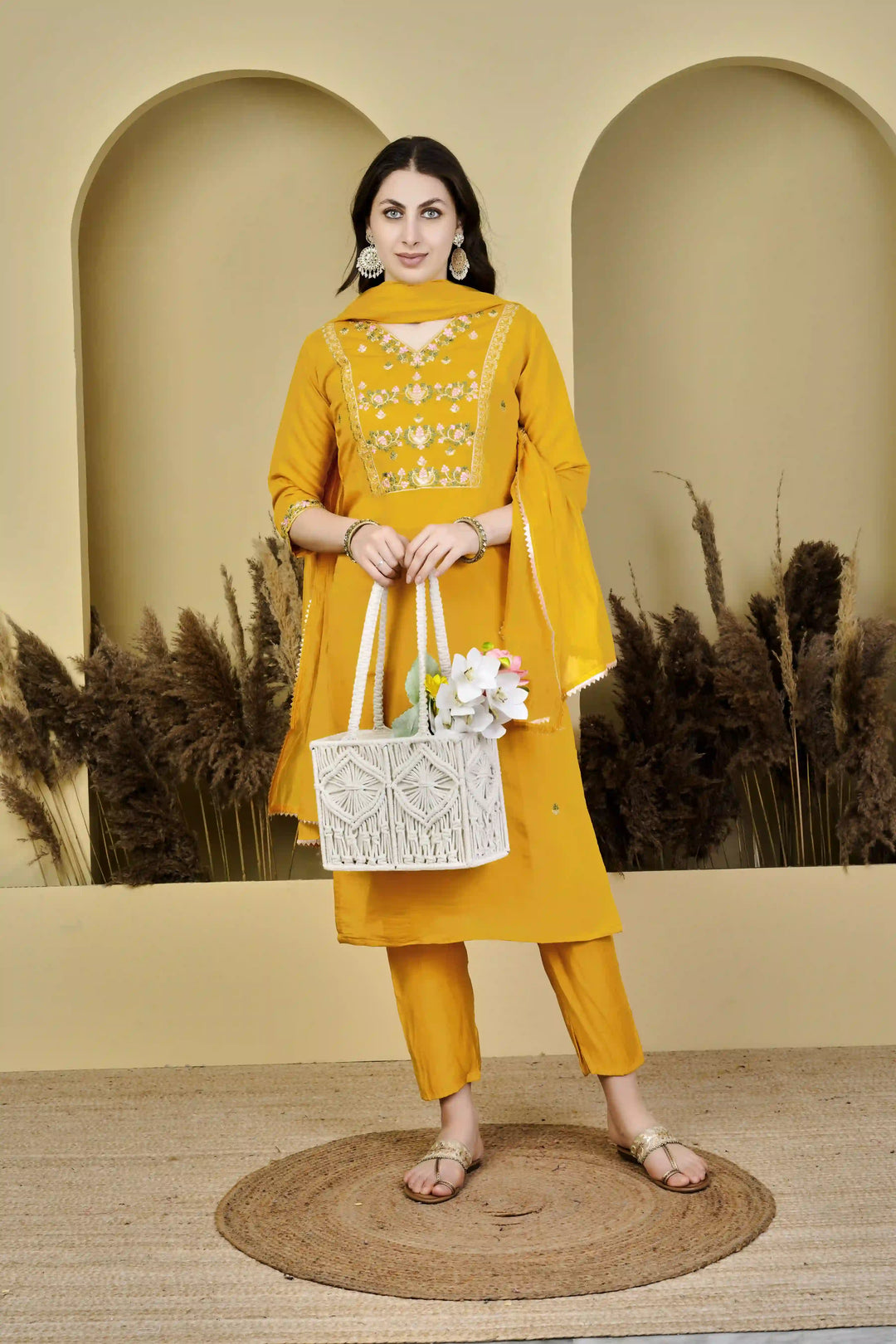 Designer Yellow Chanderi Silk Suit Set with Nylon Tabby Dupatta
