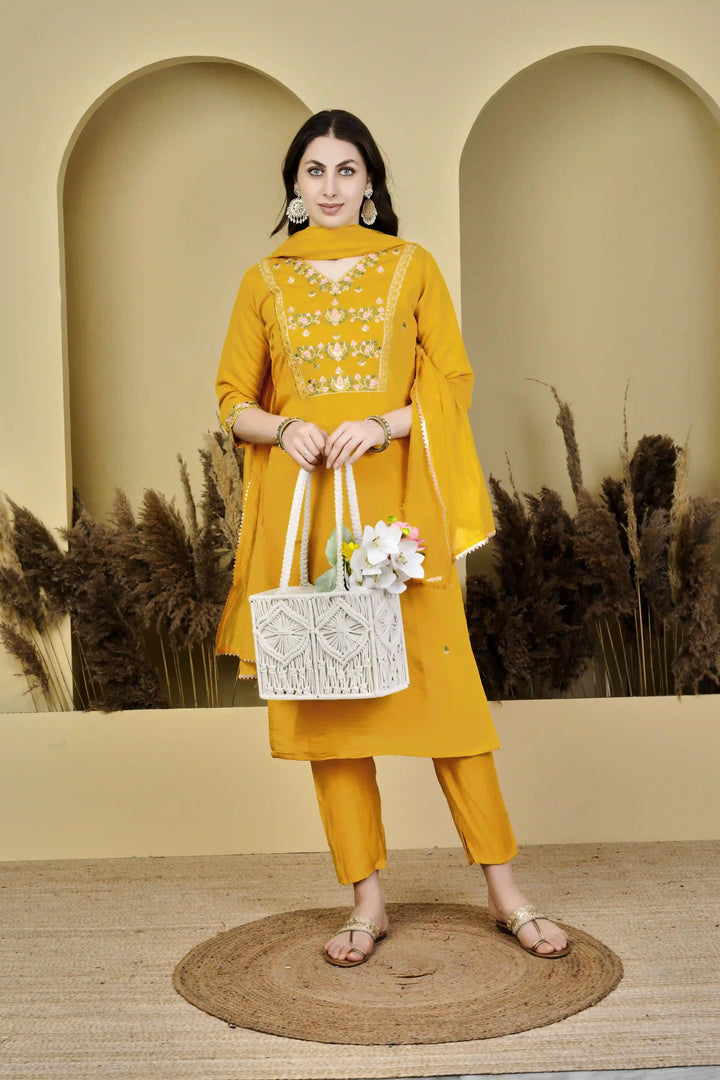 Designer Yellow Chanderi Silk Suit Set with Nylon Tabby Dupatta