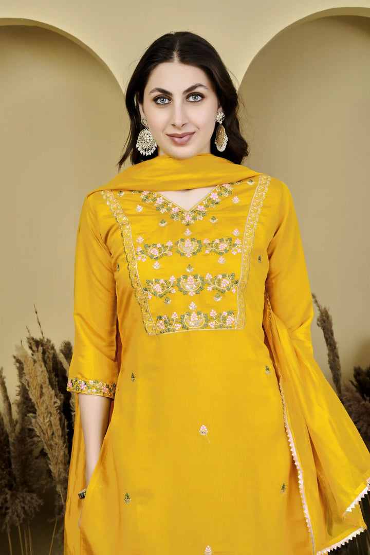 Designer Yellow Chanderi Silk Suit Set with Nylon Tabby Dupatta