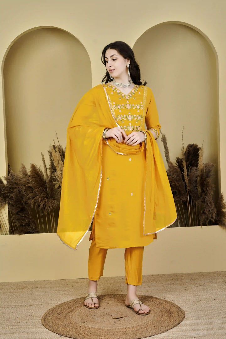 Designer Yellow Chanderi Silk Suit Set with Nylon Tabby Dupatta