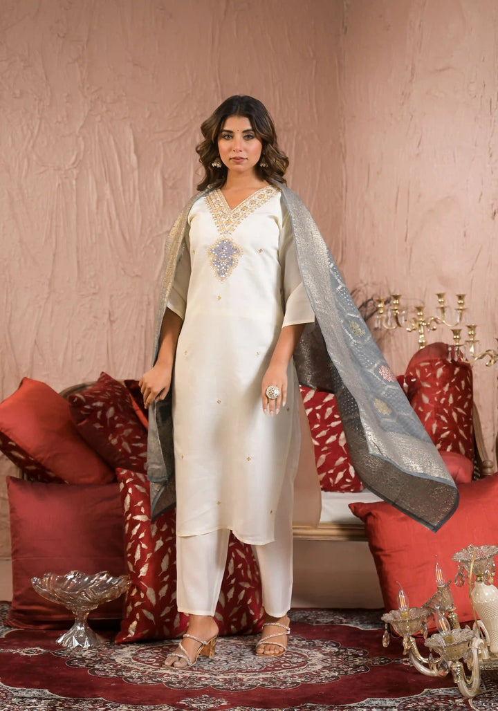 White Viscose Chanderi Salwar Kameez with Grey Jacquard Dupatta