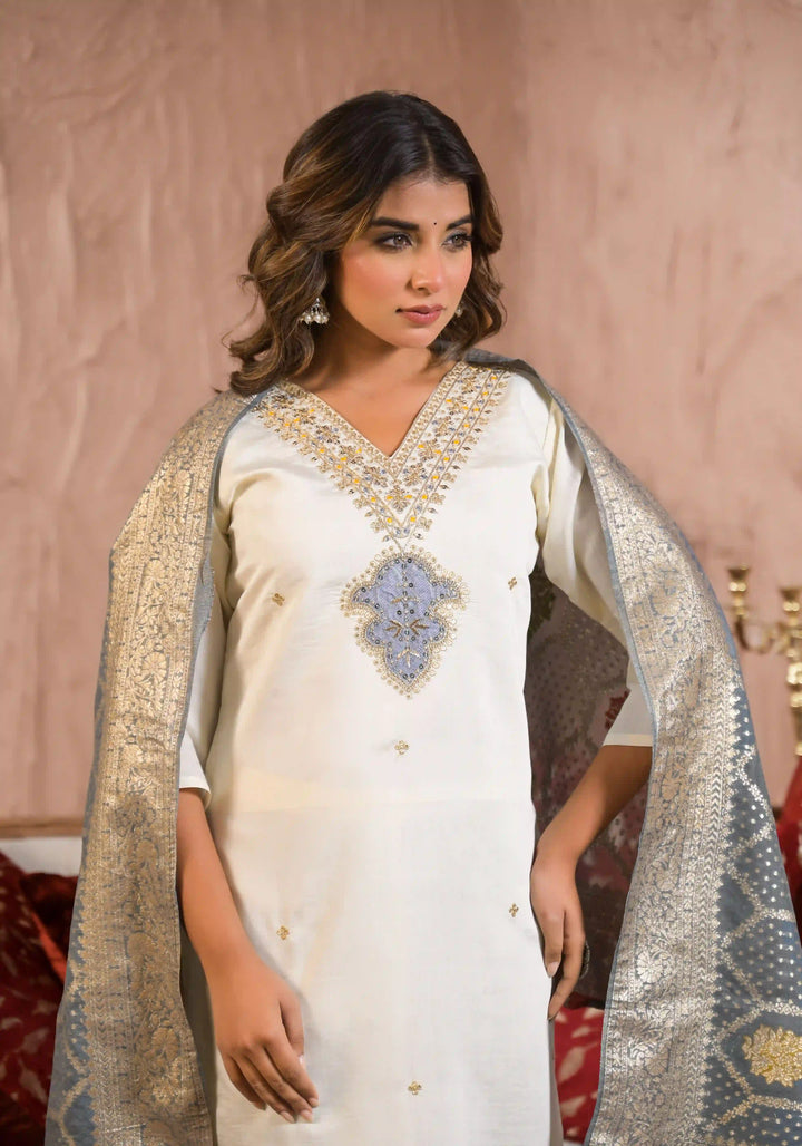White Viscose Chanderi Salwar Kameez with Grey Jacquard Dupatta