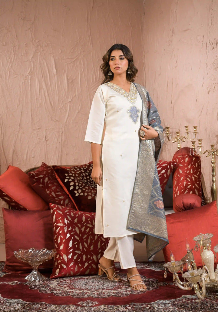 White Viscose Chanderi Salwar Kameez with Grey Jacquard Dupatta