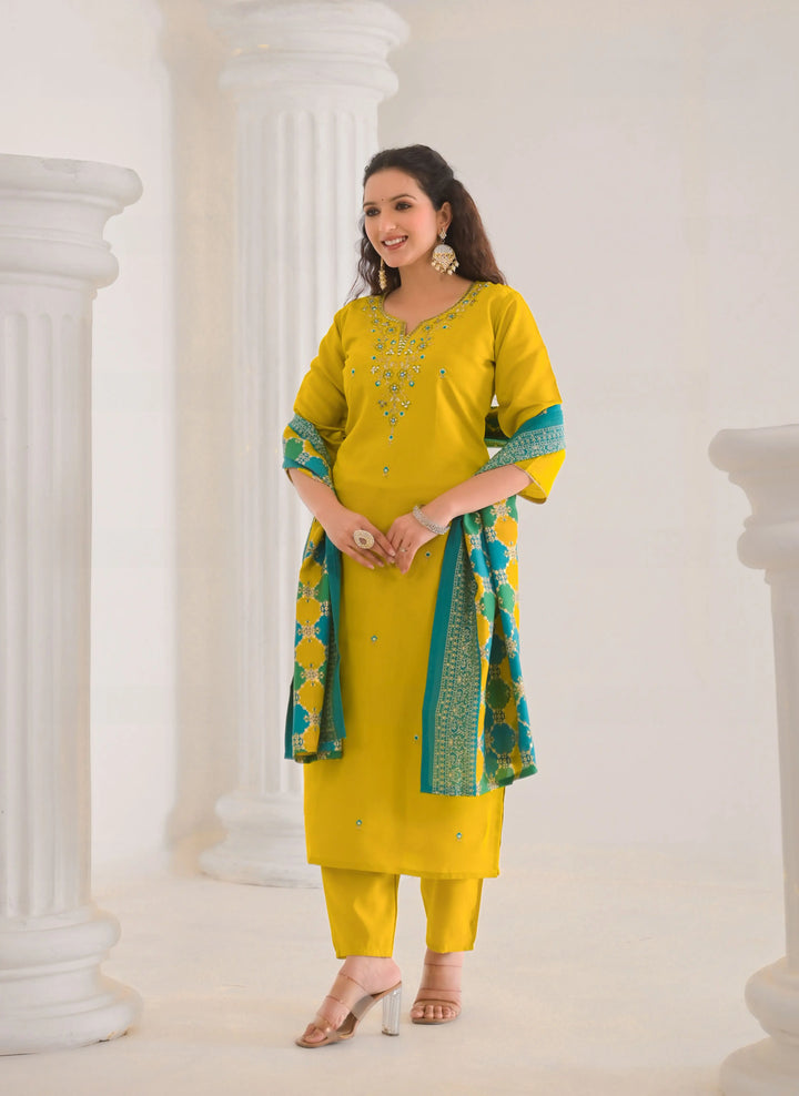 Stylish Yellow Salwar Suit Set in Viscose Chanderi Fabric