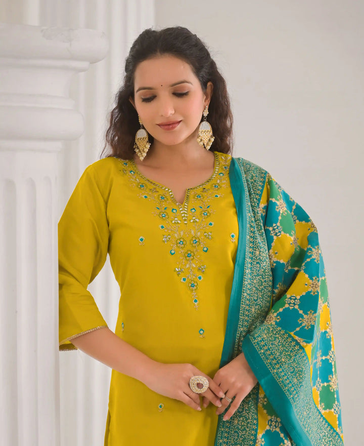 Stylish Yellow Salwar Suit Set in Viscose Chanderi Fabric