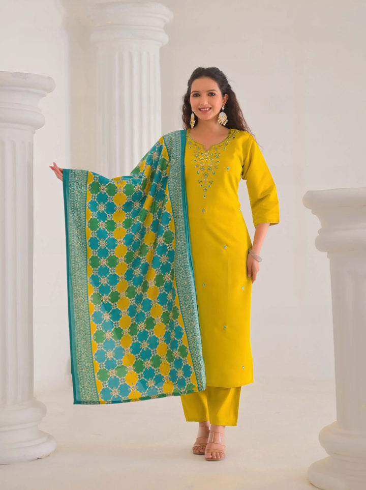 Stylish Yellow Salwar Suit Set in Viscose Chanderi Fabric