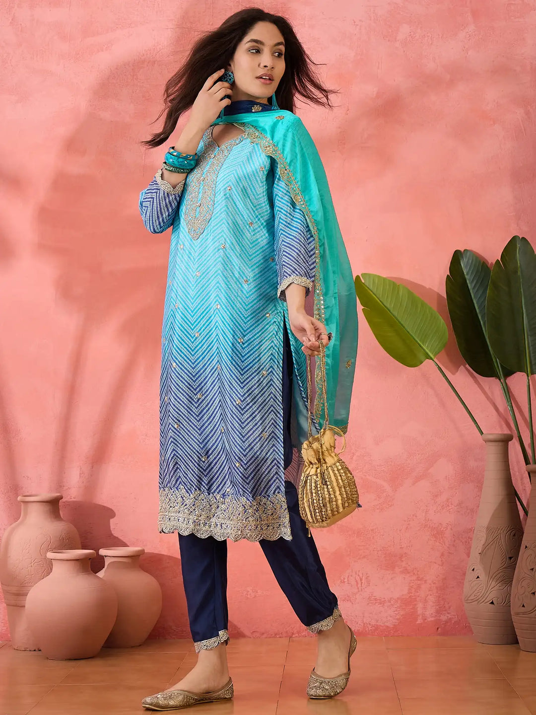 Premium Chinon Silk Embroidered Suit with Dupatta