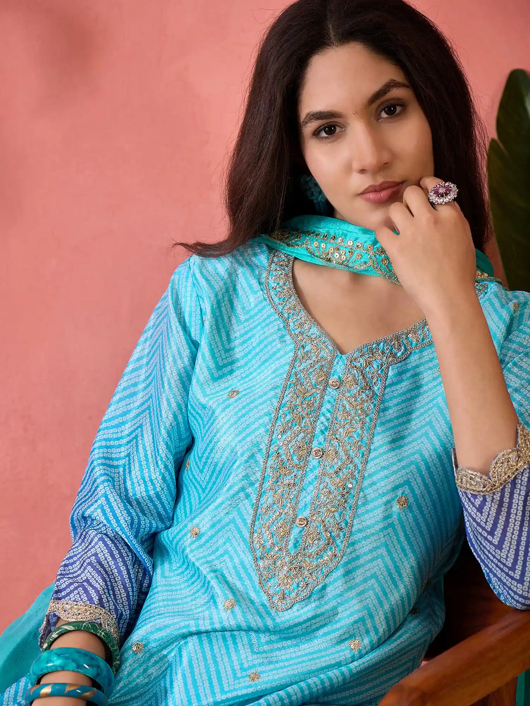 Premium Chinon Silk Embroidered Suit with Dupatta