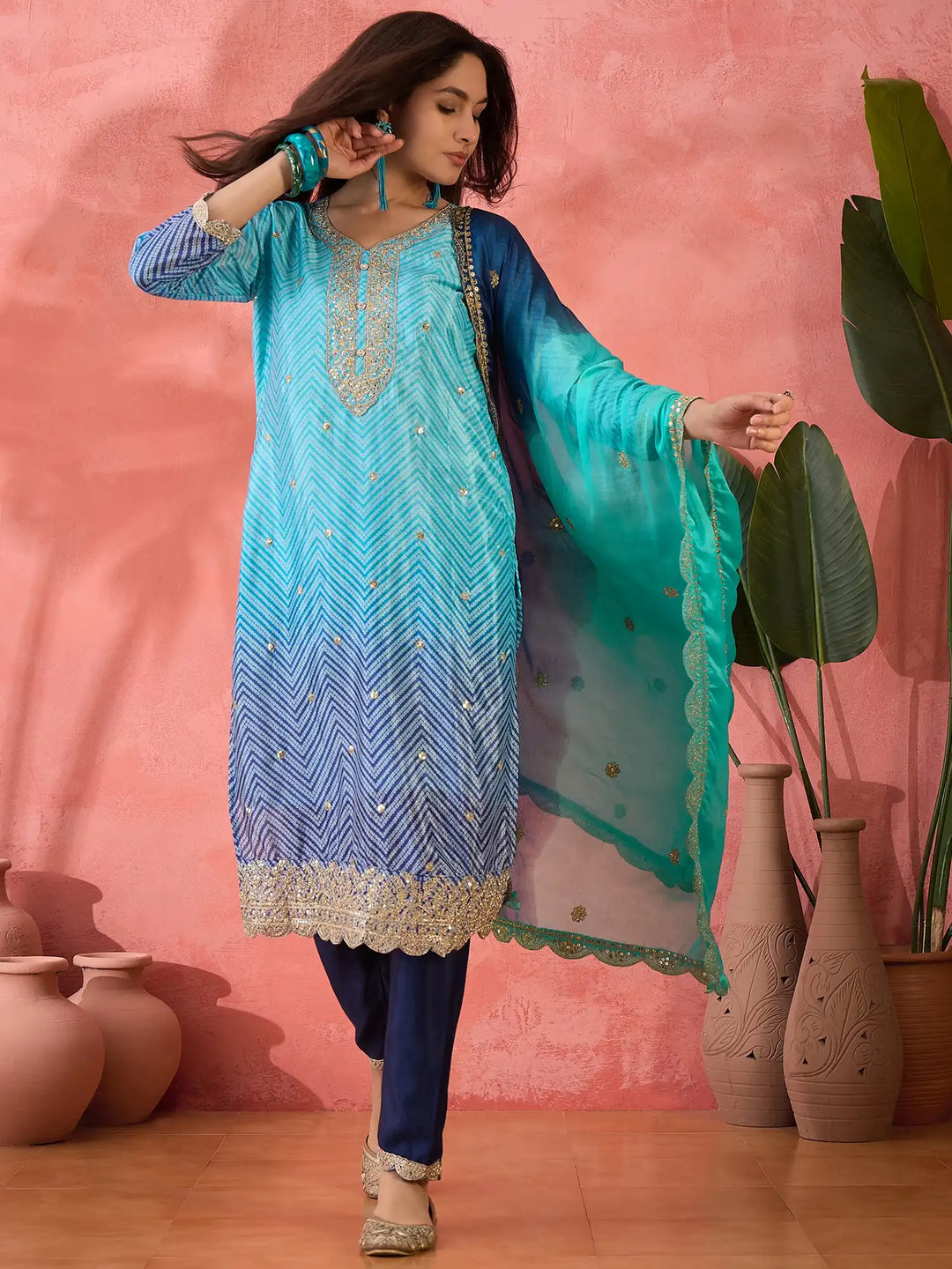 Premium Chinon Silk Embroidered Suit with Dupatta