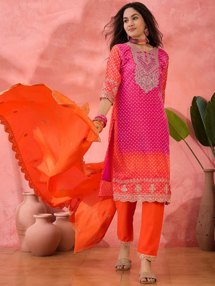 Sophisticated Printed & Embroidered Chinon Silk Suit Set