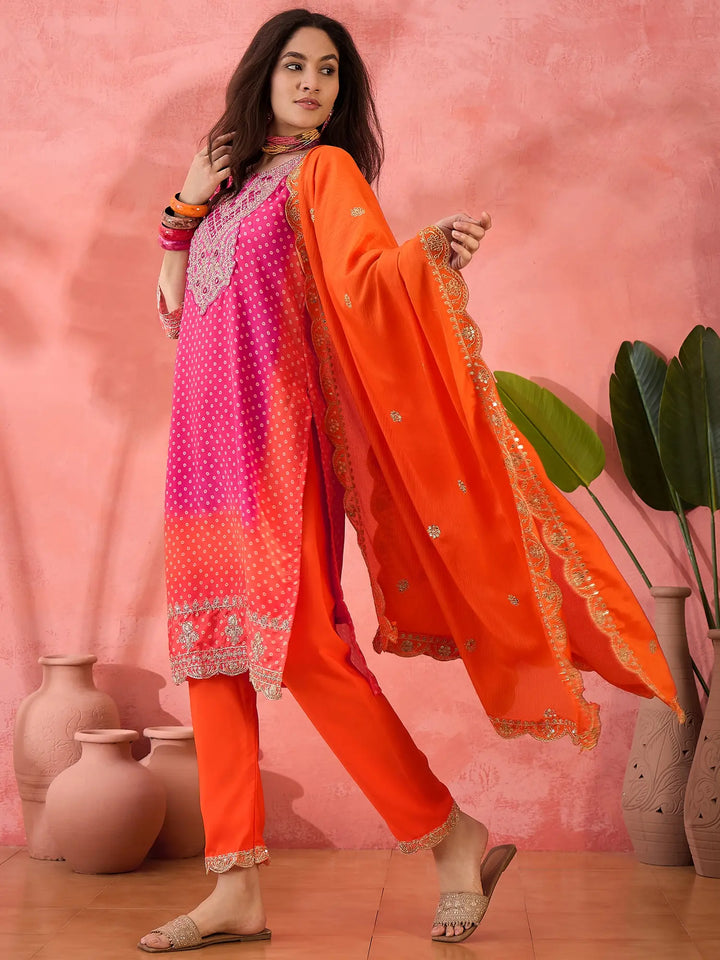 Sophisticated Printed & Embroidered Chinon Silk Suit Set