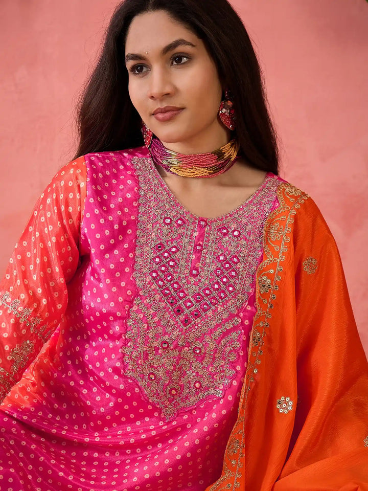Sophisticated Printed & Embroidered Chinon Silk Suit Set